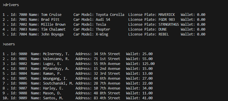 TMUber App CLI Screenshot